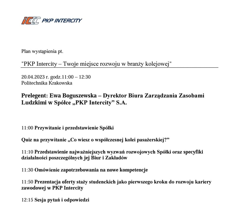 Zaproszenie na wykład „PKP Intercity – Twoje miejsce rozwoju w branży kolejowej”